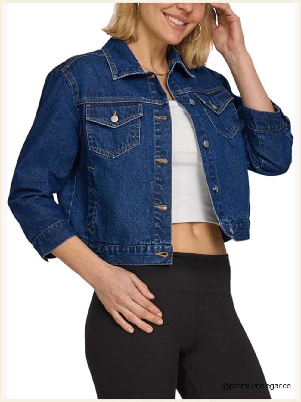 Cropped Denim Jacket with 3/4 Sleeves, Button Front